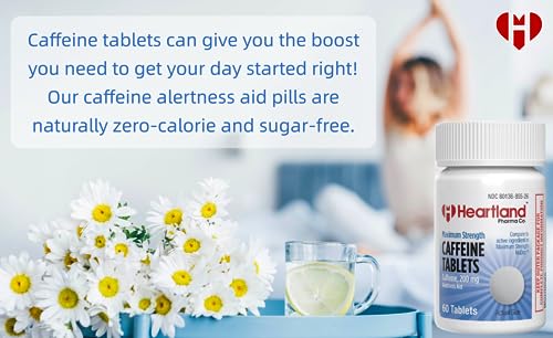 Heartland Pharma Caffeine 200Mg Maximum Strength Alertness Aid Tablet - Stay Awake Caffeine Pills Actual Size - 200 Mg Caffeine Pills - Made In Usa - (60 Count) #TOP3