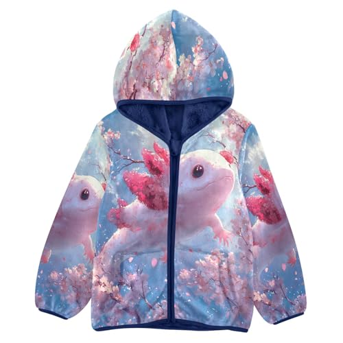 Kawaii Axolotl with Cherry Blossoms Toddler Fleece Jacket Girl Boys Hooded Fleece Jacket Coat