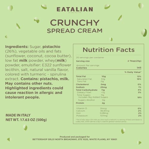 Image of EATALIAN by AMZ BETTER Spreadable Crunchy Pistachio Cream 17.63 oz /500 gr, Pistachio Cream with Grains, Protein Paste, Sweet Taste, Ideal on Bread and Excellent for Dubai Chocolate, Made in Italy