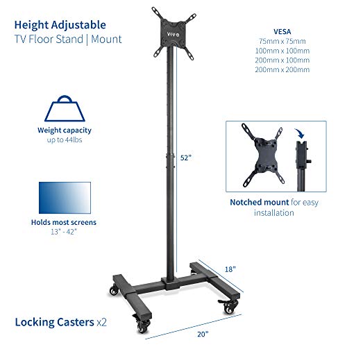 VIVO Mobile TV Display Stand for 13 to 42 inch LED LCD Flat Panel Screens, Rolling Floor Stand Height Adjustable Mount with Wheels (STAND-TV07W)