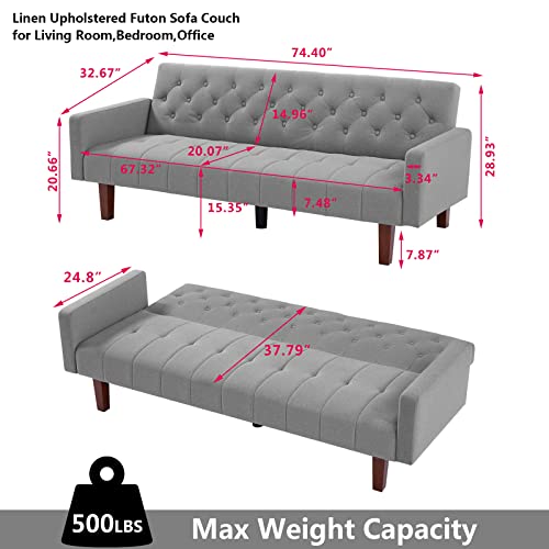 Setawix Linen Upholstered Futon Sofa Bed Modern Convertible Sleeper Sofa Couch For Living Room 74" Tufted 3 Seater Sofa Futons For Bedroom,Guest,Office,Dorm And Small Spaces (Grey) #TOP1