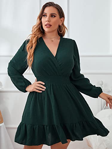 Makemechic Women's Plus Size Swiss Dots Long Sleeve V Neck Ruffle A Line Swing Short Dress Dark Green 3Xl #TOP2