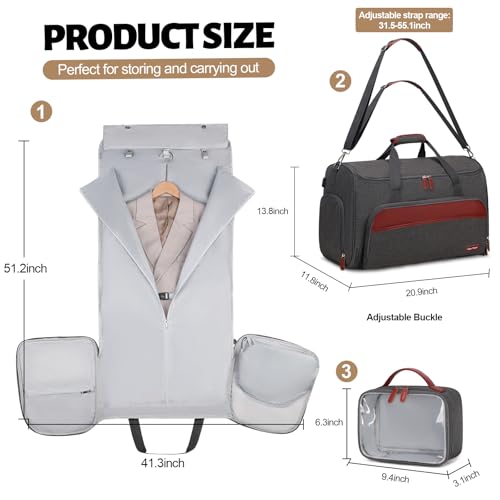 Garment Duffle Bags for Travel, Convertible Garment Bag for Men Women, Carry On Duffle Bag Backpack with Shoe Compartment & Toiletry Bag, 4 in 1 Hanging Suitcase Suit Travel Bags (Grey)2