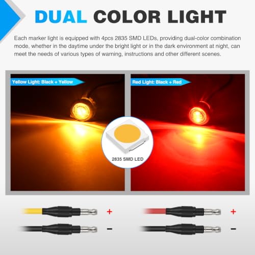 Image of Nilight 3 /4 Inch Dual Color Marker Light Amber Turn Red Clearance Lights | 10PCS Auxiliary Side Lamp w /3 Pin Plug IP68 Waterproof Fits Trailers Trucks Campers RVs ATVs UTVs