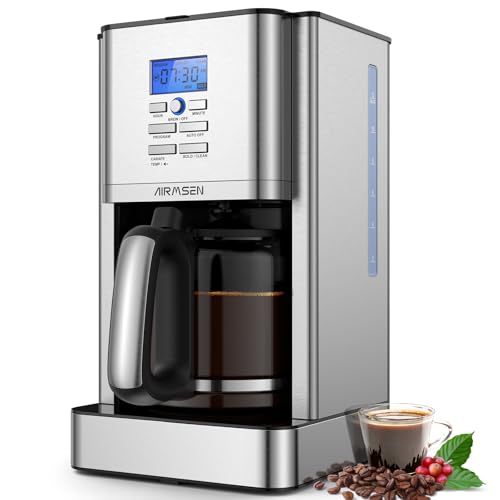 AIRMSEN 12-Cup Programmable Drip Coffee Maker, Stainless Steel Auto Brew with 3 Temperature Settings, 4-Hour Keep Warm & Reusable Filter, Silver