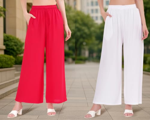 Image of Buy That Trendz Palazzo Pants for Women Cotton Rayon Elasticated Regular Fit Flared Wide Leg M to 6XL Pack of 2