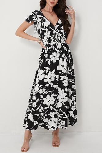 Image of Women's Black Floral Maxi Dress Casual Sleeveless V-Neck Vacation Beach Summer Dress for Women