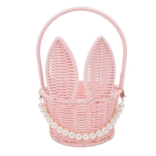 Cosiki Cesta de Conejito de Pascua, Cesta de Huevos de Pascua con Orejas de Conejo Tejida de Ratán PP con Asa y Colgante de Perlas para Decoración de Fiesta de Boda Picnic de Dulces