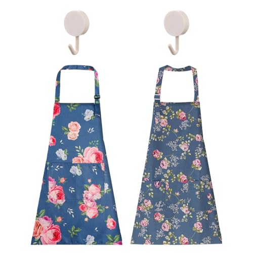 CHROMACRAFT 2 Schürzen Mit Blumenmuster Und 2 Haken, Schürzen Für Damen, Verstellbare Schürzen, Anti-Fett-Schürzen, Backzubehör