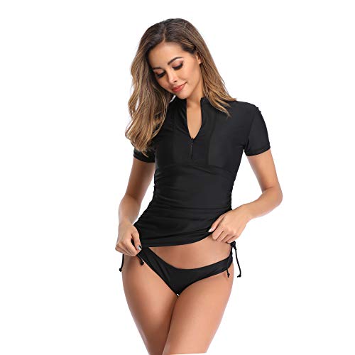SailBee Women's UV Sun Protection Short Sleeve Rash Guard Wetsuit Swimsuit Top (902 Black, M)