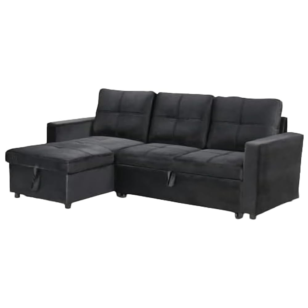 EASYMOBEL Sofá Cama Chaise Longue PAU, 215x135cm - Diseño Moderno, Almacenamiento, Negro en Terciopelo