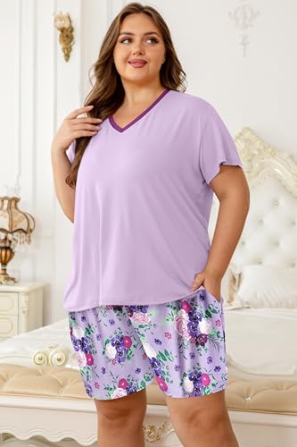 Vozanet Women's Short Sleeve Top and Shorts Pajama Sets Plus Size V Neck Colorful Flower Nighty Loungewear With TWO Pockets2