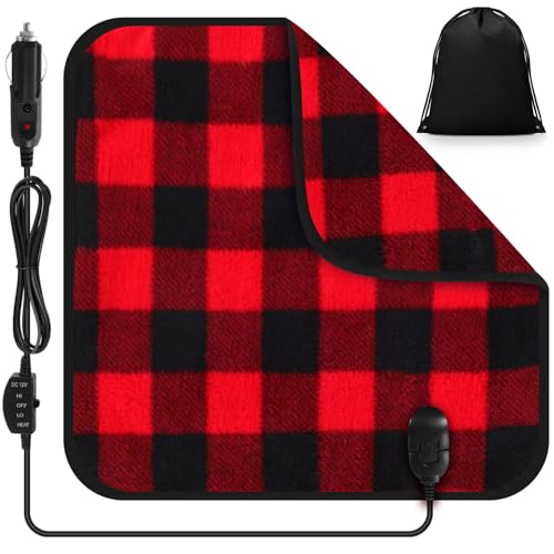 Tuanse 16 x 16 Inches Car Electric Blanket 12 Volt Heated Car Blanket with Temperature Controller and Black Storage Bag Cold Weather Tailgating and Emergency Kit(Red Black,Squares)