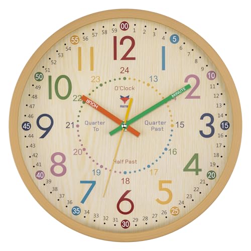 FoxTop Orologio educativo per bambini Senza ticchettio, analogico, 24 ore, decorazione per camerette, 30 cm