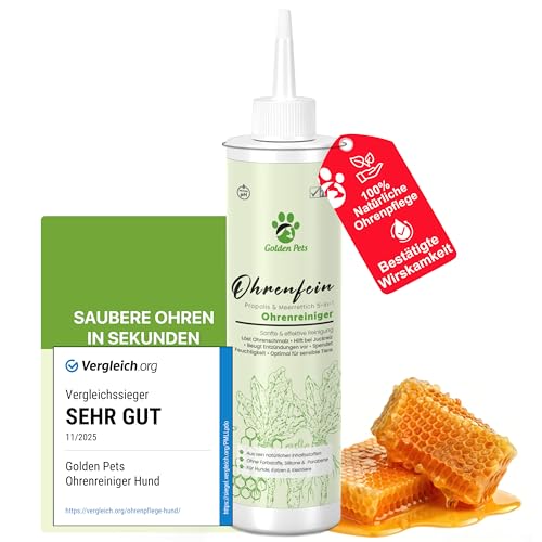 Golden Pets TESTURTEIL SEHR GUT Ohrenreiniger für Hunde & Katzen **VERGLEICHSSIEGER** 100% natürliche Ohrenspülung gegen Juckreiz, Entzündung & Ohrenschmalz I Ohrenpflege, 250ml
