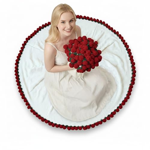 Bibykivn Manta Ramo de Flores,Manta con Flores de Ganchillo Terminada, Mantas de Ganchillo con Adorno de Rosas, Mujeres para San Valentín y Cumpleaños (Rosa - Rojo, 110CM)