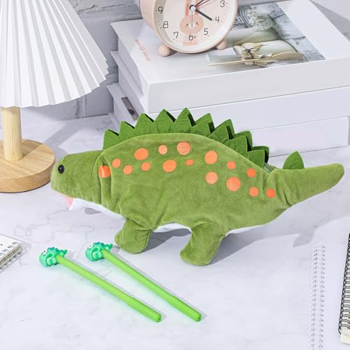Image of 3 Pcs Green Dinosaur Pencil Pouch for Kids 3D Plush Animal Pencil Case with 2 Fun Pencils & 1 Soft Stationery Bag Ideal Birthday Gift for Boys and Girls, Back to School Supplies