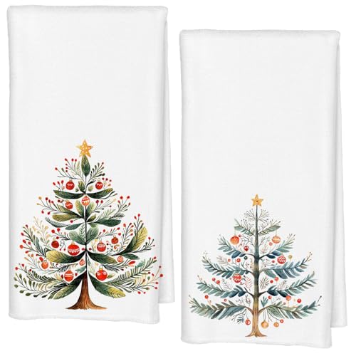 Qabliqo Scandinavian Christmas Tree Kitchen Hand Towels, Watercolor Christmas Pine Tree with Bauble Ball Ornaments Decorative Hand Towels for Bathroom, 16x24 Inch Set of 2