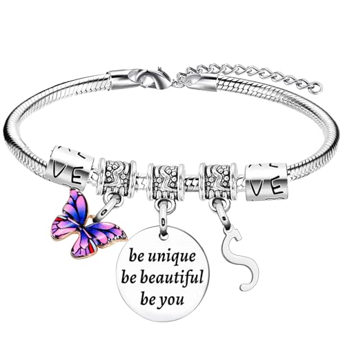 YEEQIN Inspirational Gifts Initial Bracelets For Women Friends Butterfly Bracelets Charm Bracelets For Sister Daughter Granddaughter 26 Letters Alphabet Bracelets (S)