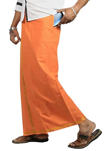 PRAKASAM COTTON Mens Kavi Colour Jari Cotton flexi Size Welcro pocket Dhoti (JARI-KAVI) -Large