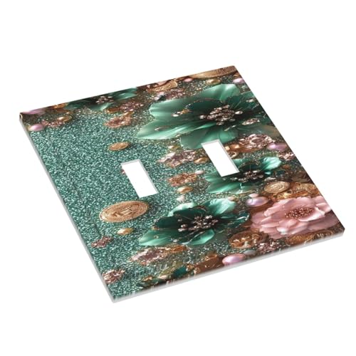 Decorative Switch Covers Plate Bling Green Rose Flowers Crystal Rhinestone Glitter 2 Gang Wall Plate Oversized Double Toggle Light Switch Plate Wall Cover Plate Faceplate for Home Decor