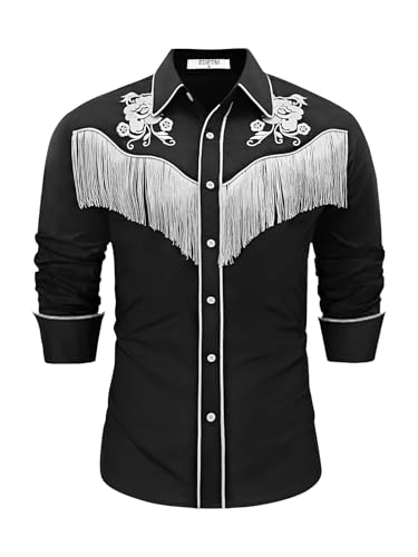 EDFTM Mens Cowboy Shirt Long Sleeve Slim Fit Tassels Embroidered Fringe Shirts Dress Costume Button Down Shirts Black