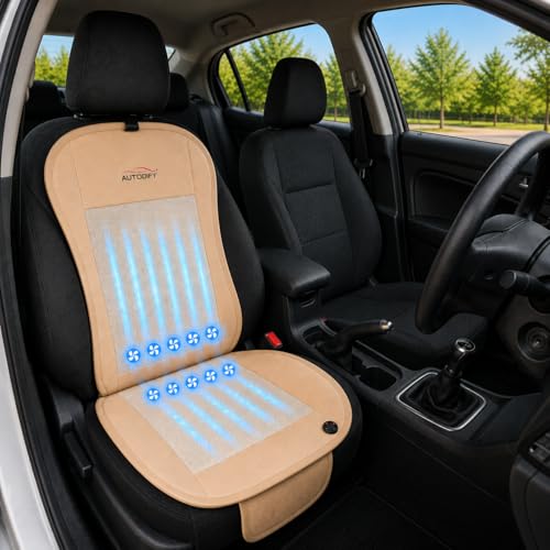 Image of Car Ventilated Cooling Seat Cushion Cover with 10 Powerful Fans & 3 Adjustable Cooling Levels, Breathable Fabric + Beige Leather Universal Fit for All Cars, Large Airflow
