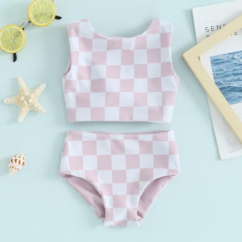 Dewadbow YXZZNBLJTQC3YSP36SA4 Toddler Baby Girl Two Piece Swimsuit Checkered Print Knotted Swim Top And Bottom Tankini Bikini Set Kid Bathing Suit thumb #1