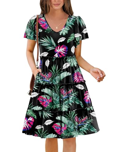 Image of Zeagoo Summer Tiered Mini Dress with Pockets Ruffle Sleeve V-Neck Casual Dress A Line Boho Flowy Sundress 2025 Vacation