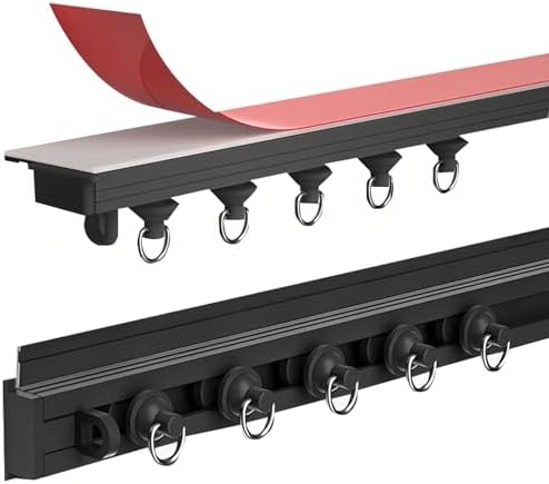 Self-Adhesive Curtain Track System - Adjustable 2.3ft to 19.7ft - Ceiling/Wall Mount - Versatile Curtain Rail for Bedroom, Office, Living Room - Black, 4.1FT (125cm)