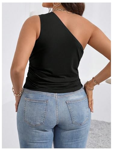 WDIRARA Women's Plus Size One Shoulder Tank Top Ruched Asymmetrical Sleeveless Tops2