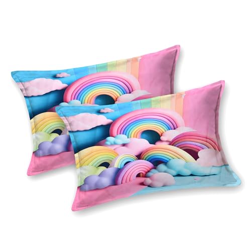 Image of Dream Weaverz 7D Bedsheet for Double Bed King Size with 2 Pillow Covers | Digital Printed & Fitted Elastic for Kids | Soft Glaze Cotton Feel | Fits Upto 12 Inch Mattress (Rainbow & Clouds)