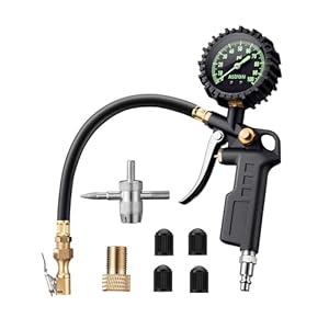 AstroAI Tire Pressure Gauge with Inflator, 100 PSI-ANSI B40.1 Accurate, Large 2.5″ Easy Read Glow Dial, Heavy Duty Air Chuck and Compressor Accessories with Rubber Hose and Quick Connect Coupler
