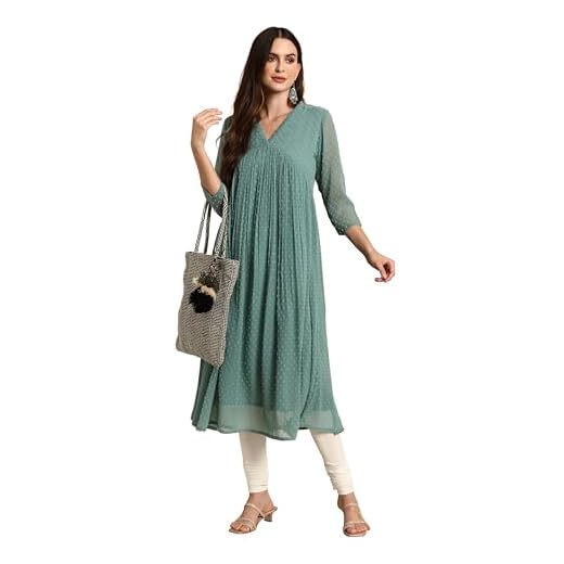 Janasya Women’s Green Dobby Chiffon Self-Design Flared Western Kurta