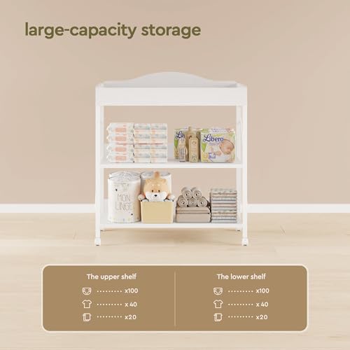 Image of Baby Changing Table, Diaper Station with Pad, 2-Tier Shelves, Mobile, White | Changing Table,Waterproof Diaper pad & Safety Strap, 2-Tier shelves, Mobile wheels