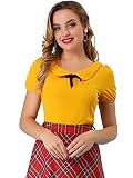 Allegra K Damen Bluse Kurzarm Rundhals Oberteil Bubikragen Elastischer Einfarbig Shirt Gelb XS