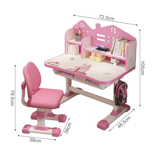 Kids Desk and Chair Set, Height Adjustable Student Writing Desk and Chair, Children School Study Table Study Desk with Drawer Shelves Bookshelf, Study Chairs and Desks for Children Boys and Girls Gift