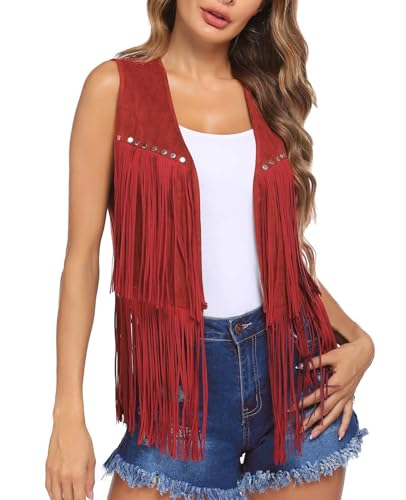 MINTLIMIT Women's Fringe Vest Sleeveless Tassel Jacket Faux Suede Rivets Western Cowgirl Waistcoat 70s Hippie Outfit2