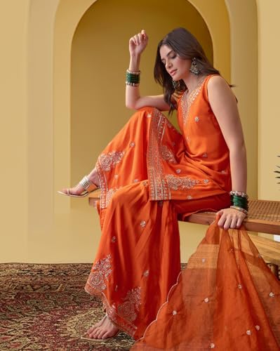 Image of Amazon Brand - Tavasya Women Silk Blend Zari Sequin EmbroideKurta with Sharara and Dupatta Set|Ethnic Wear (PHSKS1737 VBT 2XL)