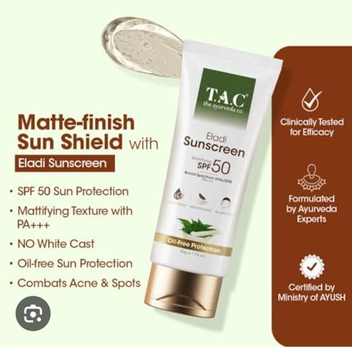 Image of T.A.C Eladi Sunscreen SPF 50 PA+++ | Oil-Free Matte Finish Sunscreen Cream | Broad Spectrum UVA /UVB Protection | Lightweight Non-Greasy Formula for All Skin Types | 50g
