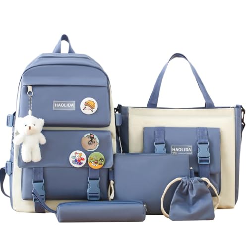 5 Pack School Bag Yakiter Teenager School Bag Backpack Middle School Student Laptop Bag Waterproof Accessories Plush Pendant School Bags Comes with Tote Bag Shoulder Bag Pencil Box (Blue)