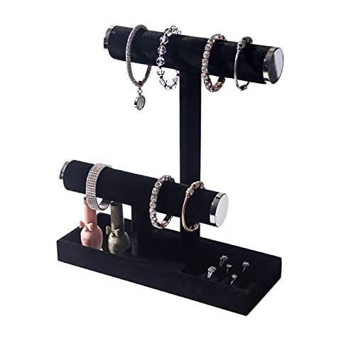Byken 2 Tier Jewelry Holder,Necklace Bracelet Stand with Rings Tray,Black Velvet Jewelry Organizer with Metal Heads for Scrunchies Watches Chains Cover