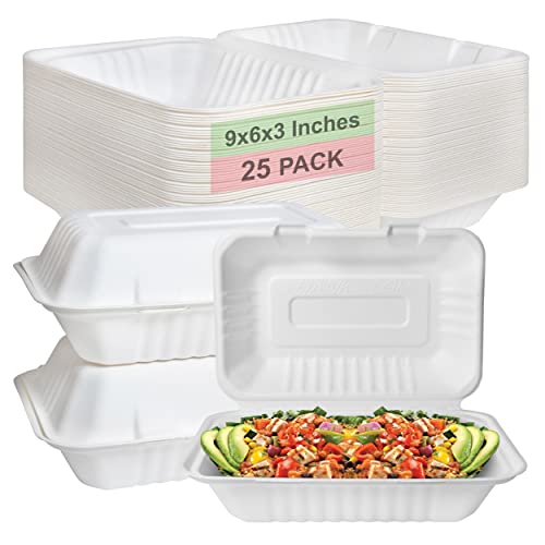 400 Count - Biodegradable 9x6 Take Out Food Containers with Clamshell Hinged Lid - Eco Friendly Sugarcane Bagasse 100% Compostable, Recyclable, ToGo, Restaurant Carry Out, Party Take Home Boxes