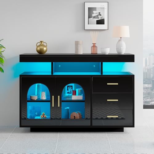 Fppuueg Aparador Moderno con Iluminación LED y 3 Cajones Aparadores para Salon Moderno con Compartimentos Abiertos, Aparador de Cocina, Buffet Comedor, Alto Brillo para Dormitorio, 120x40x80 cm, Negro