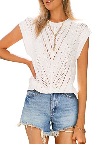 Langwyqu Womens Cap Sleeve Tops Summer Crew Neck Shirt Lightweight Crochet Knit Sweater3