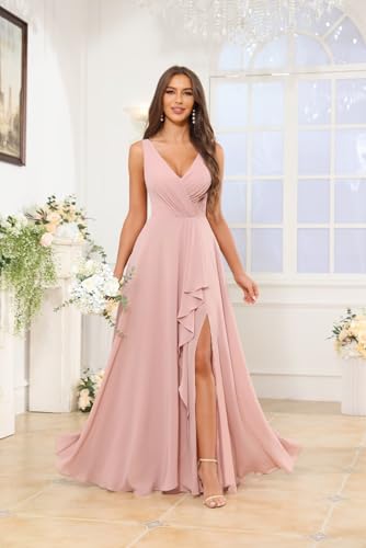 Image of HANVAIOS Long Chiffon V Neck Bridesmaid Dresses for Women Formal Dress with Pocket