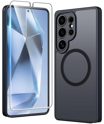 Image of FNTCASE for Samsung Galaxy S24-Ultra Case: Matte Magnetic Translucent Phone Cases with Screen Protector Lens Protection Compatible with Magsafe Rugged Protective Cell Cover (C-Black)