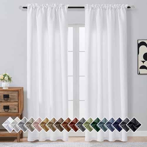Image of Pure White Curtains for Bedroom 90 Inch Length 2 Panels, Solid Thermal Insulated Soft Fabric Light Filtering Curtain Panels for Living Room, Dual Rod Pocket Window Treatments, 2x50Wx90L Inches