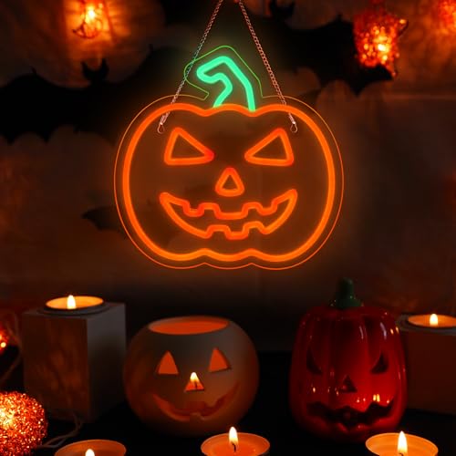Image of MissAudrey Halloween Light Up Pumpkin Neon Sign, Neon Sign Halloween Window Hanging Lights, Green Orange Acrylic Thanksgiving Art Wall Fall Decor for Home Bedroom Bar Pub Club Party，5V USB Powered
