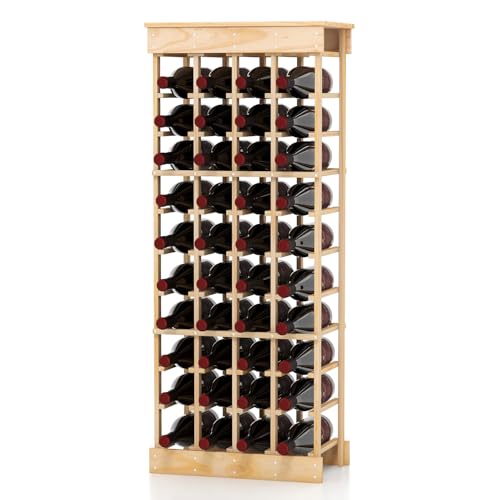 GOPLUS Botellero Independiente para 40 Botellas, Estante de Almacenamiento de Vino con Tablero, Dispositivo Antivuelco, Estante para Botellas de Madera Maciza de 10 Niveles, Natural